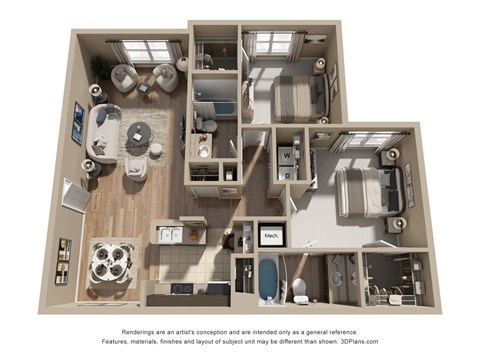 Floor plan for 2 beds, 2 baths, 1065 sqft